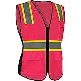 LIZMOF Pink Safety Vest for Women, High Visibility Reflective Vest, Neon Hi Vis Work Apparel with Pockets and Zipper, Durable, ANSI Compliant, Pink, M