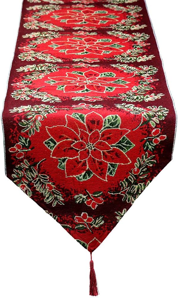 YOSICHY Christmas Table Runner Cotton Linen Table Cloth with Tassels Embroidered Christmas Table Decoration for Christmas Dinner Party Supplies 13"x71"(Poinsettia Flowers)