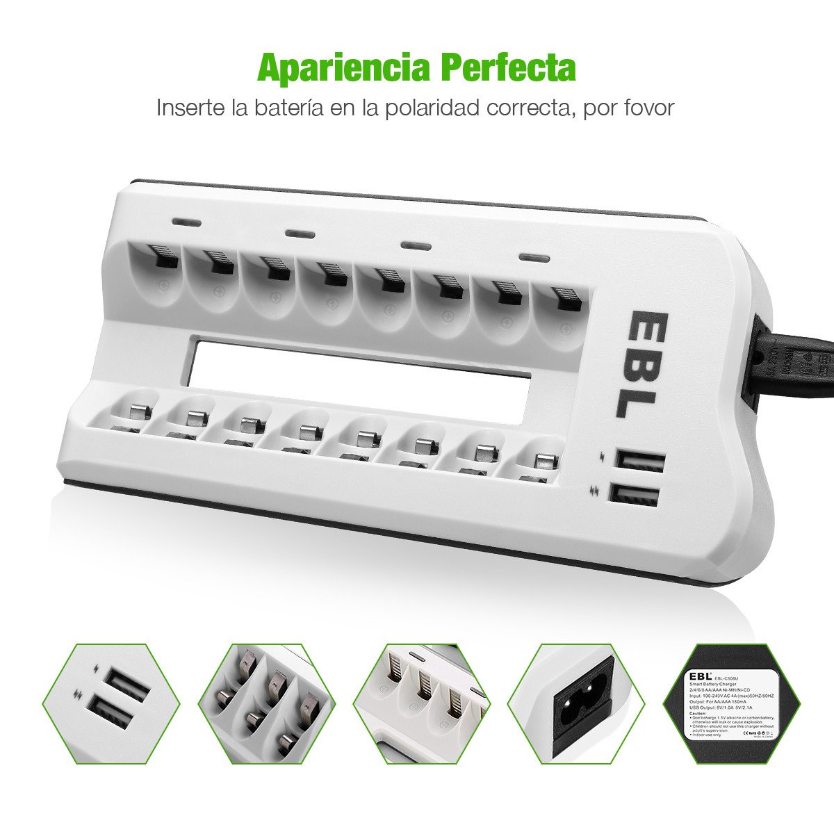 EBL 808U Cargador de Batería con 8 Ranuras para Batería Recargable AA / AAA NiMH/NiCd con 2 Puertos de USB