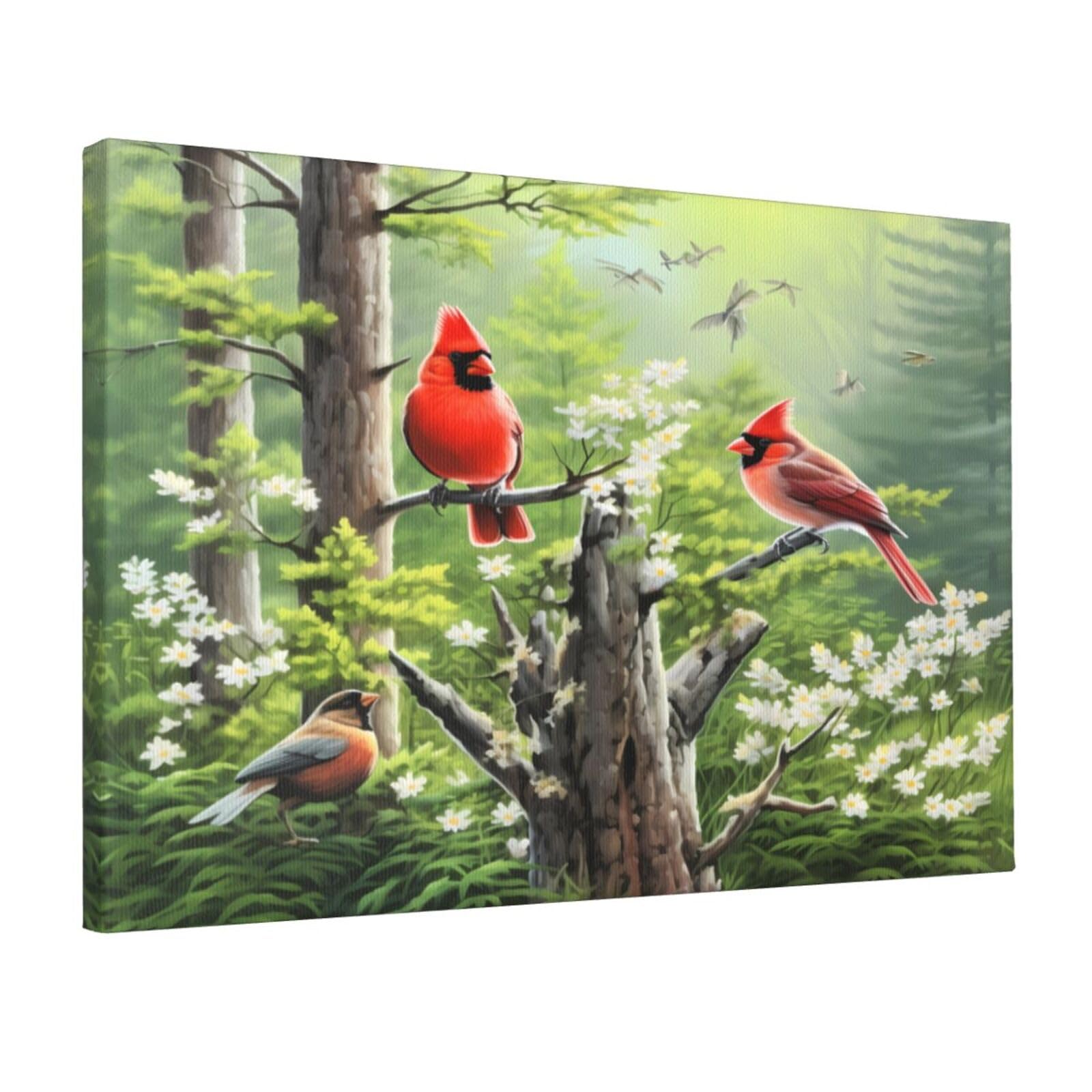 Canvas Wall Decor Art Painting Print, Spring Birds Sunflowers Home Decoration Artwork Framed Picture Ready To Hang 12x18 Inches