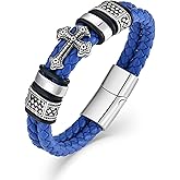 Raymard Mens Christian Cross Double Row Leather Bracelet, Religious Braided Cuff Bracelet for Men