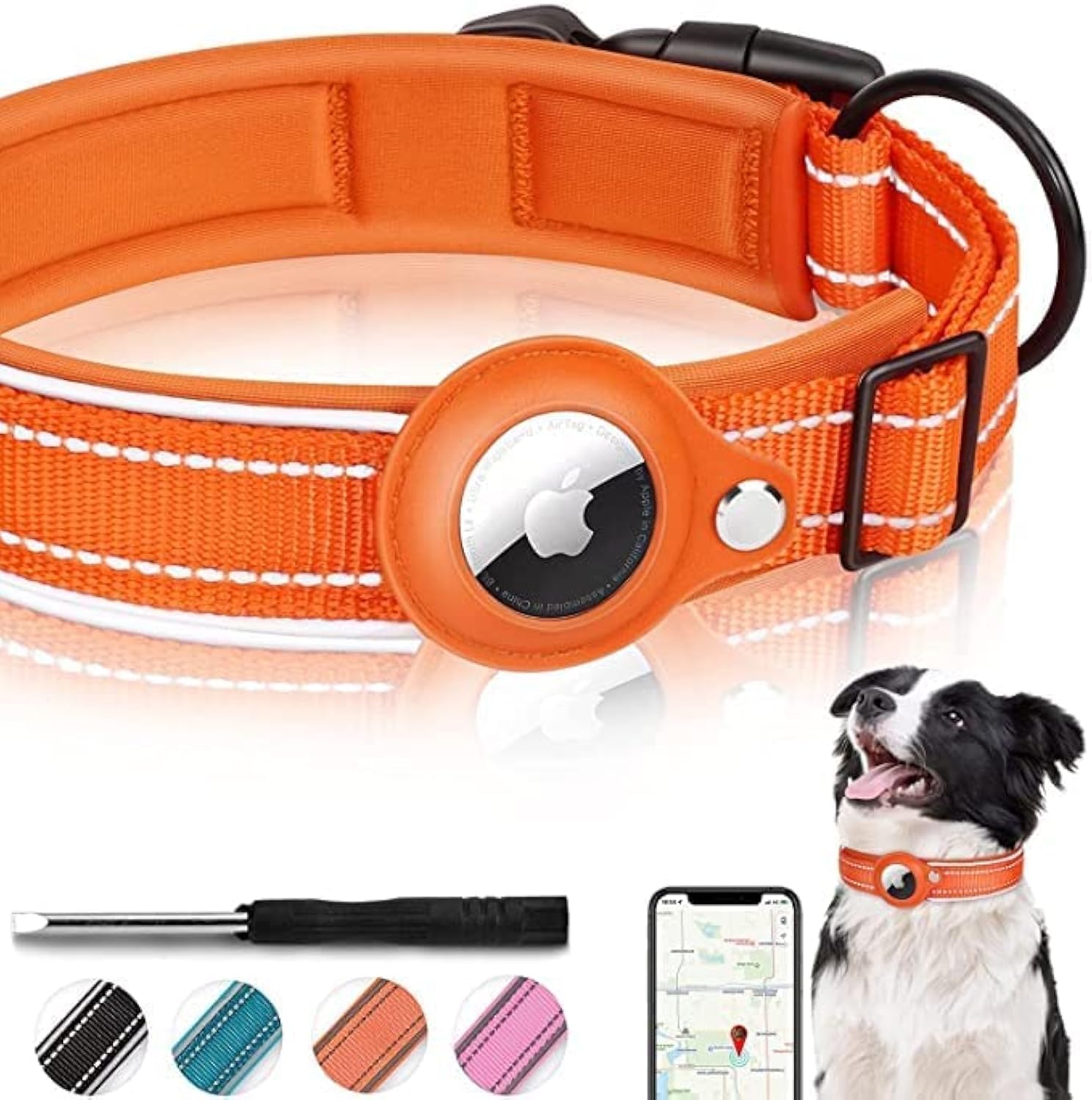 Airtag Dog Collar, Reflective Nylon Dog Collar, Adjustable Pet Collar With Quick Release Buckle, Apple Airtag Collar With Holder For Small, Medium, Large and Extra Large Dogs (Small, Orange)