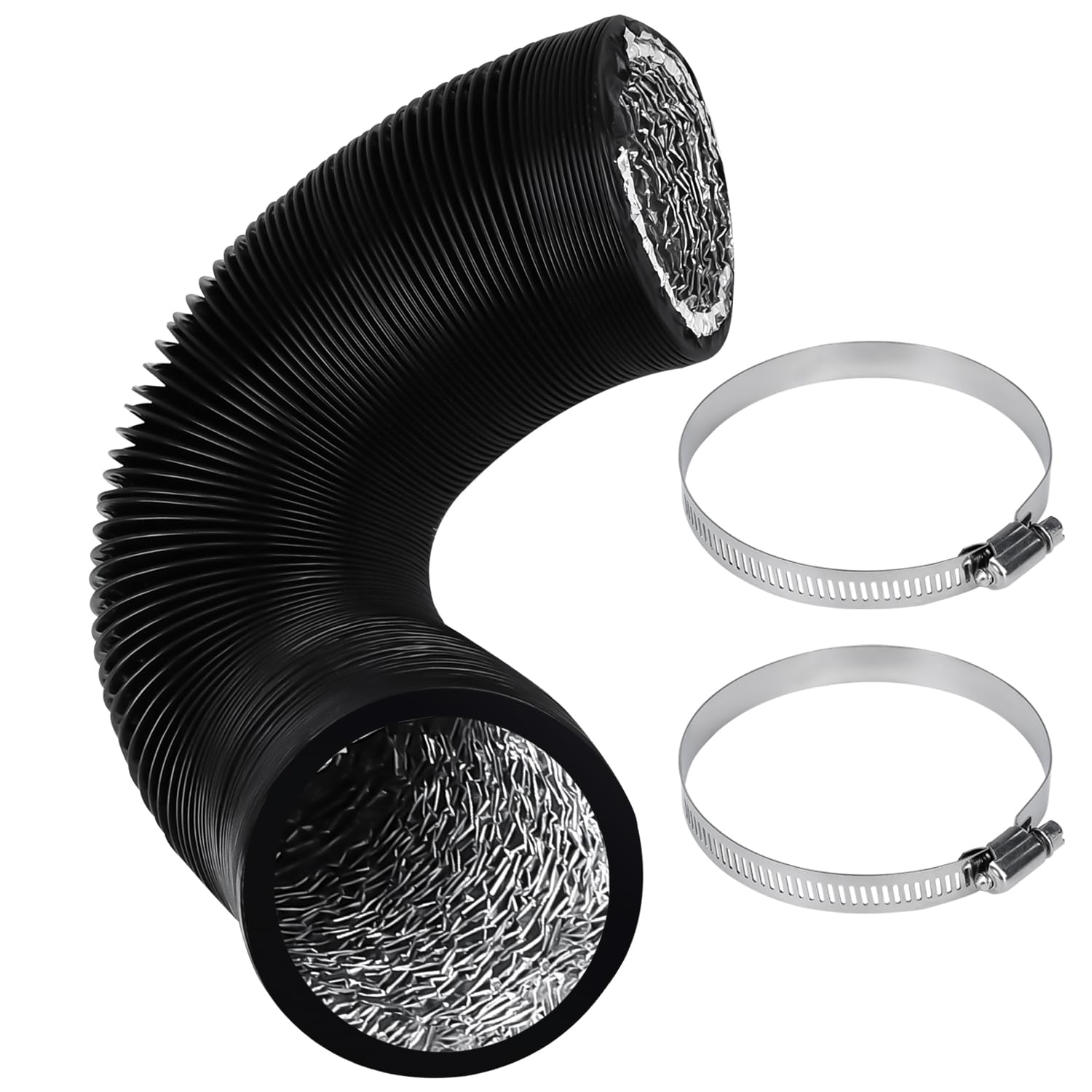 100mm Dryer Vent Hose, 2.5m Long Flexible Aluminum Air Ducting, Aluminium Vent Tubing, Black 4 Layer HVAC Ventilation Air Hose with 2 Stainless Steel Clamps