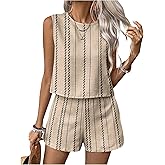 MakeMeChic Women's 2 Piece Outfits Striped Crew Neck Tank Top and Wide Leg Shorts Set