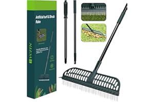 Evcitn Artificial Turf Rake, 2IN1 Turf rake for Outdoors, Lawn, Carpet, Shrub, 43 or 63" Long Pole, 18" Wide Rake Head -Dark Light