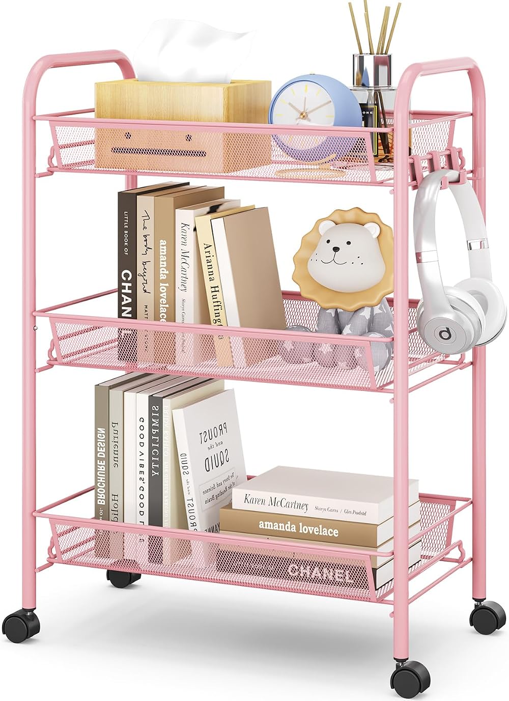 3-Tier Rolling Cart On Wheels Pink Easy Assemble Storage Trolley