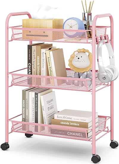 3-Tier Rolling Cart On Wheels Pink Easy Assemble Storage Trolley