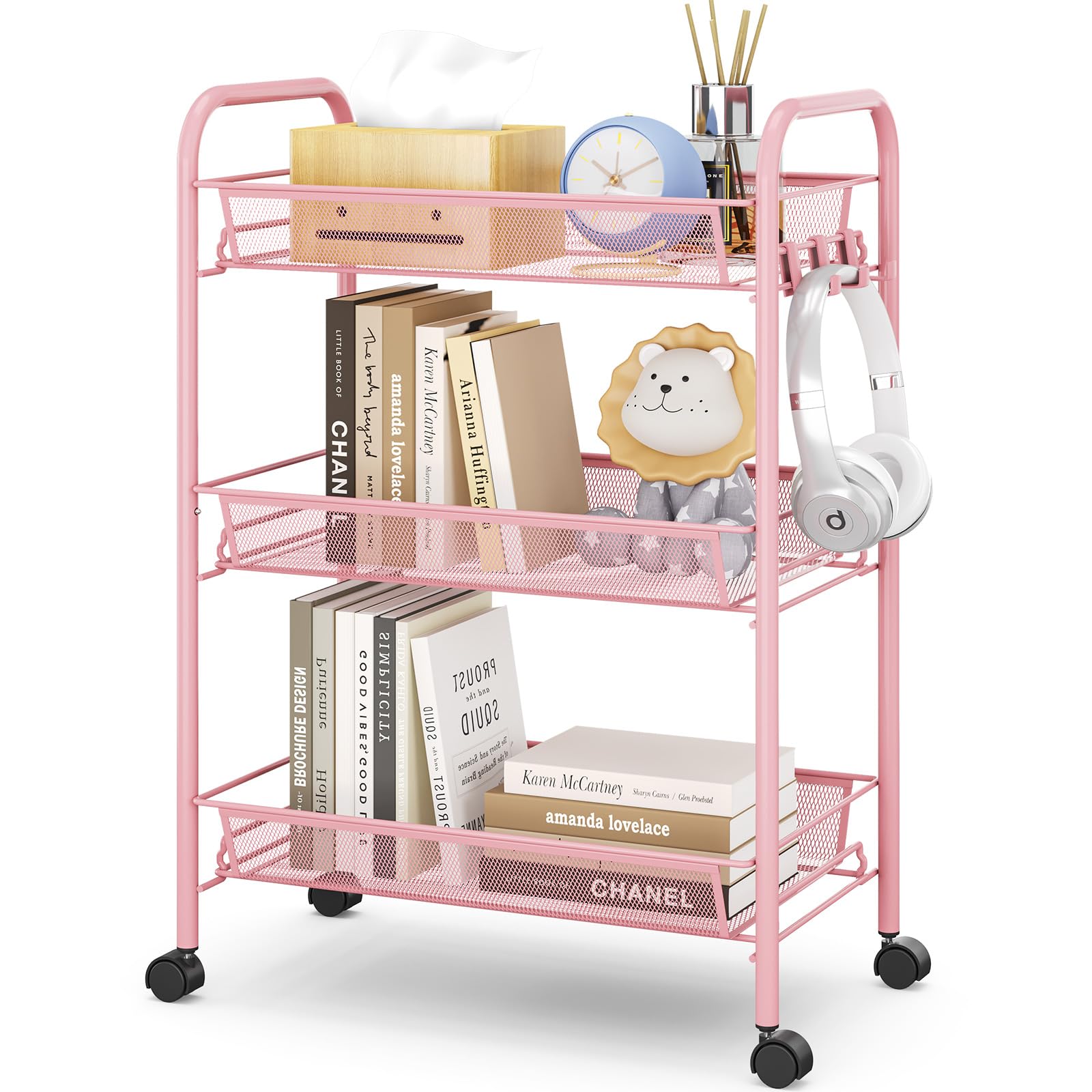 APEXCHASER 3-Tier Rolling Cart,Easy Assemble Mobile Storage Trolley On Wheels,Slide Out Utility Cart Shelving Units Kitchen Bathroom Laundry Room,Pink