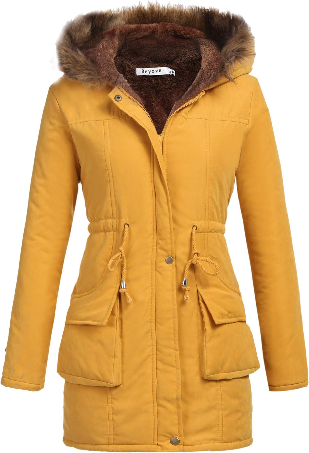 BeyoveWomens Winter Coats Jacket Removable Hood Warm Faux Fur Lined Thicken Parka with Pockets Windproof Outerwear