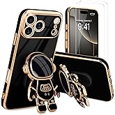 Pepmune for iPhone 17 Pro Case, Cute 3D Astronaut Stand with [2 Screen Protector] [Camera Protection] Kickstand Shockproof Bling Silicone Soft Back Cover for Apple iPhone 17 Pro Phone Case, Black