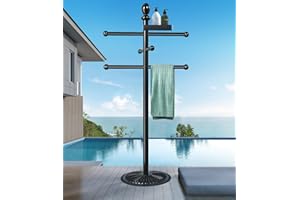 YOZOLUCK Outdoor Pool Towel Rack, 6 Bars Metal Heavy Duty Never Tilt Pool Accessories Hot Tub Accessories with Heavy Metal Base, Towel Dying Rack Towel Stand for Pool, Spa(Include Top Tray)