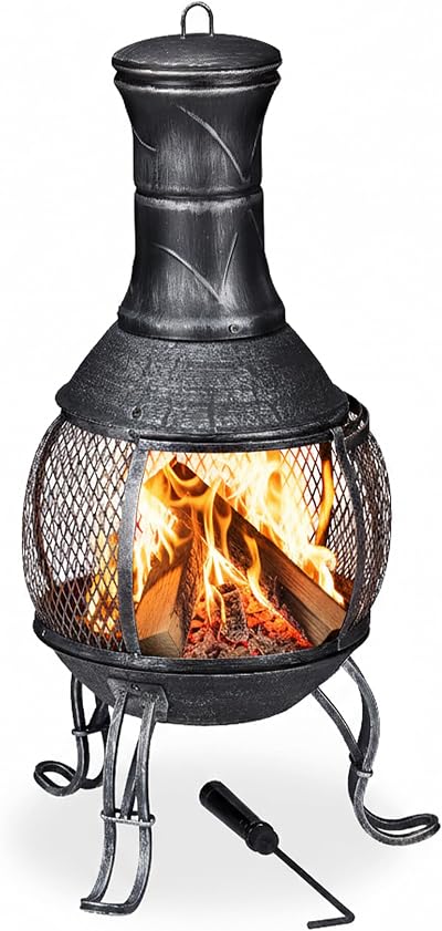 Relaxdays Chiminea Patio Heater 89cm Grey Cast Iron Firepit with Poker & Spark
