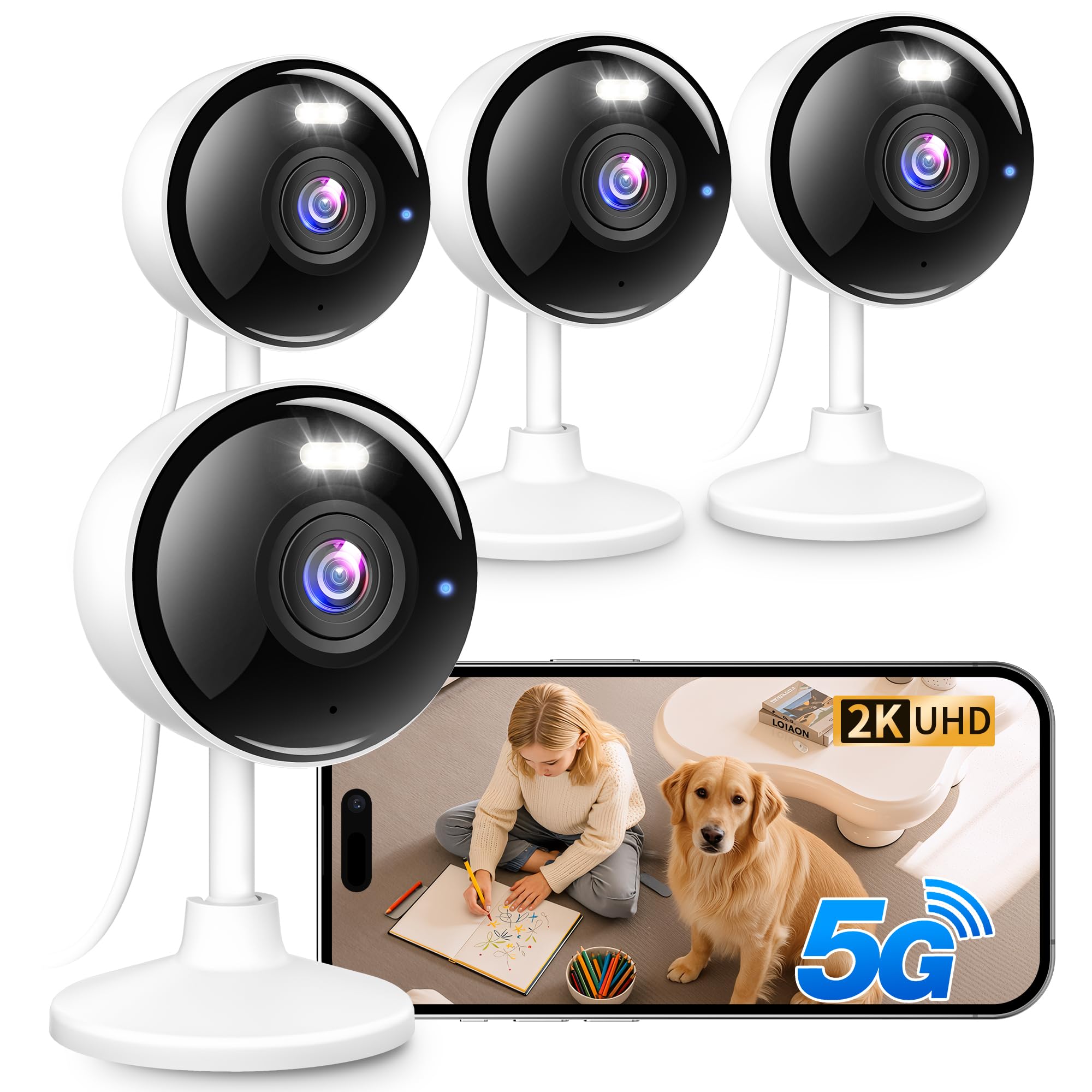 Photo 1 of 2K Cameras for Home Security, 5G & 2.4G WiFi Security Camera Indoor Outdoor for Baby Pet Dog Cat Nanny, 2-Way Audio, Color Night Vision, Siren, 24/7 Local Recording, IP65, Work with Alexa, K07-4P