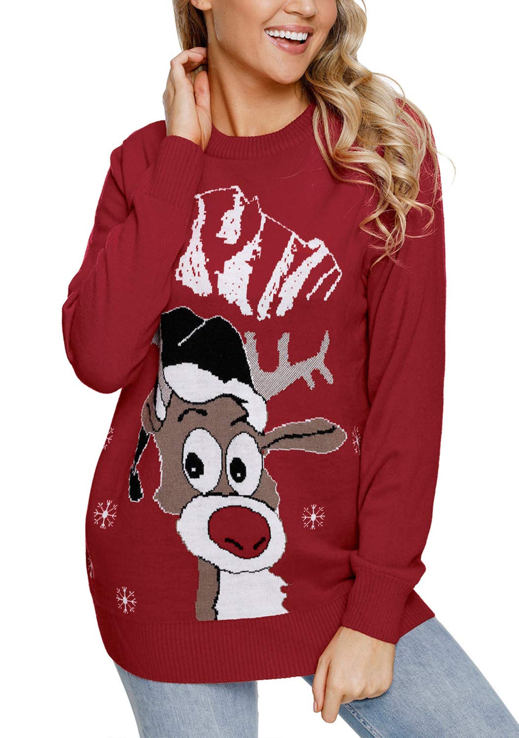 Vetinee Womens Ugly Christmas Cute Reindeer Long Sleeve Knit Pullover Sweater - Image 3