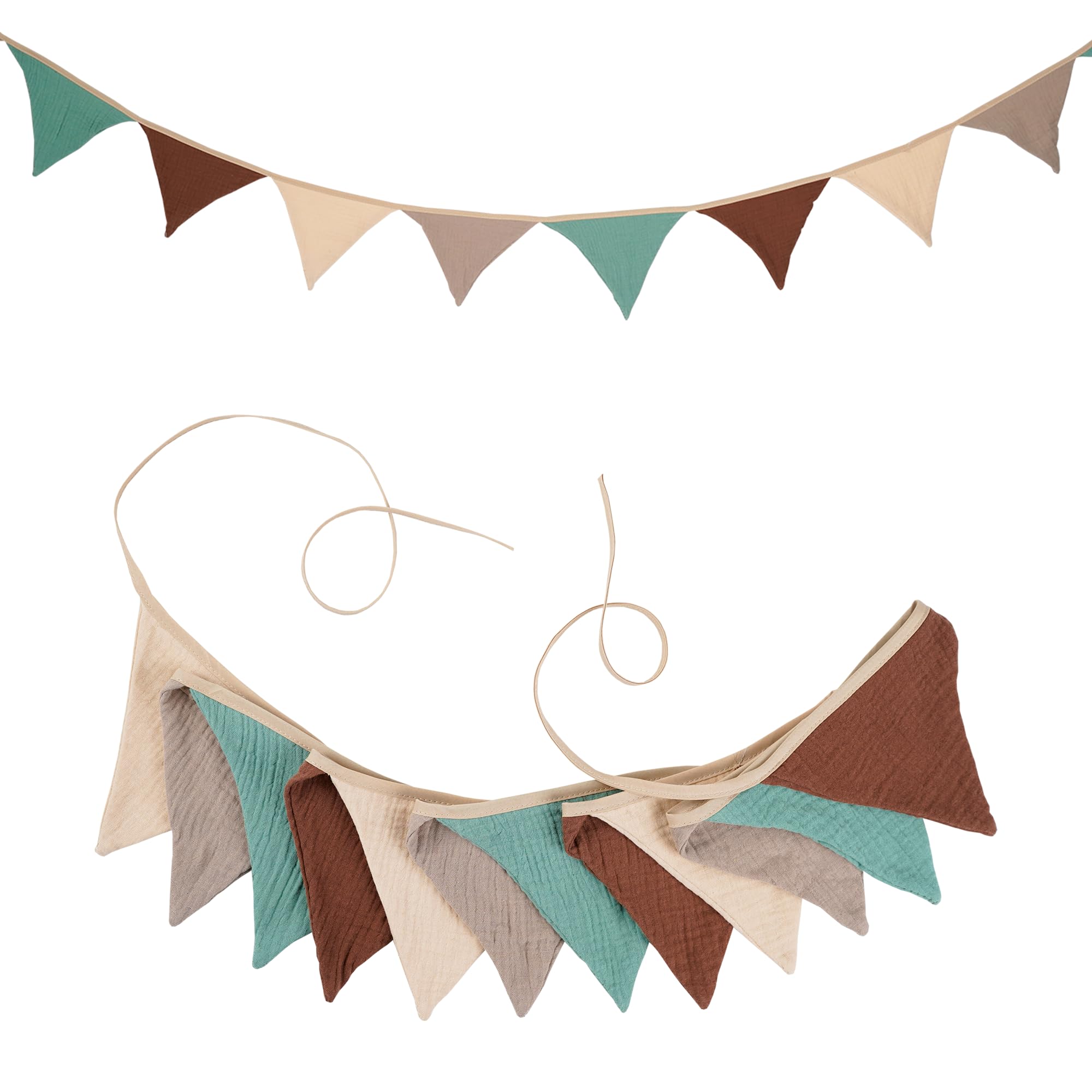 G2PLUS Muslin Fabric Bunting for Nursery: 12PCS Double Side Cloth Triangle Banner, Rust Beige Teal Cotton Bunting Banner for Baby Room, Nursery, Baby Shower Decor, 2.8m