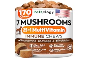 PETSOLOGY Turkey Tail Mushroom for Dogs - 170 Chews - Lion’s Mane - Shiitake - Reishi - Buddy Immune Support Guard - Mushroom Supplement for Dogs Lumps and Bumps Glucosamine, Health Vitamins Multivitamin