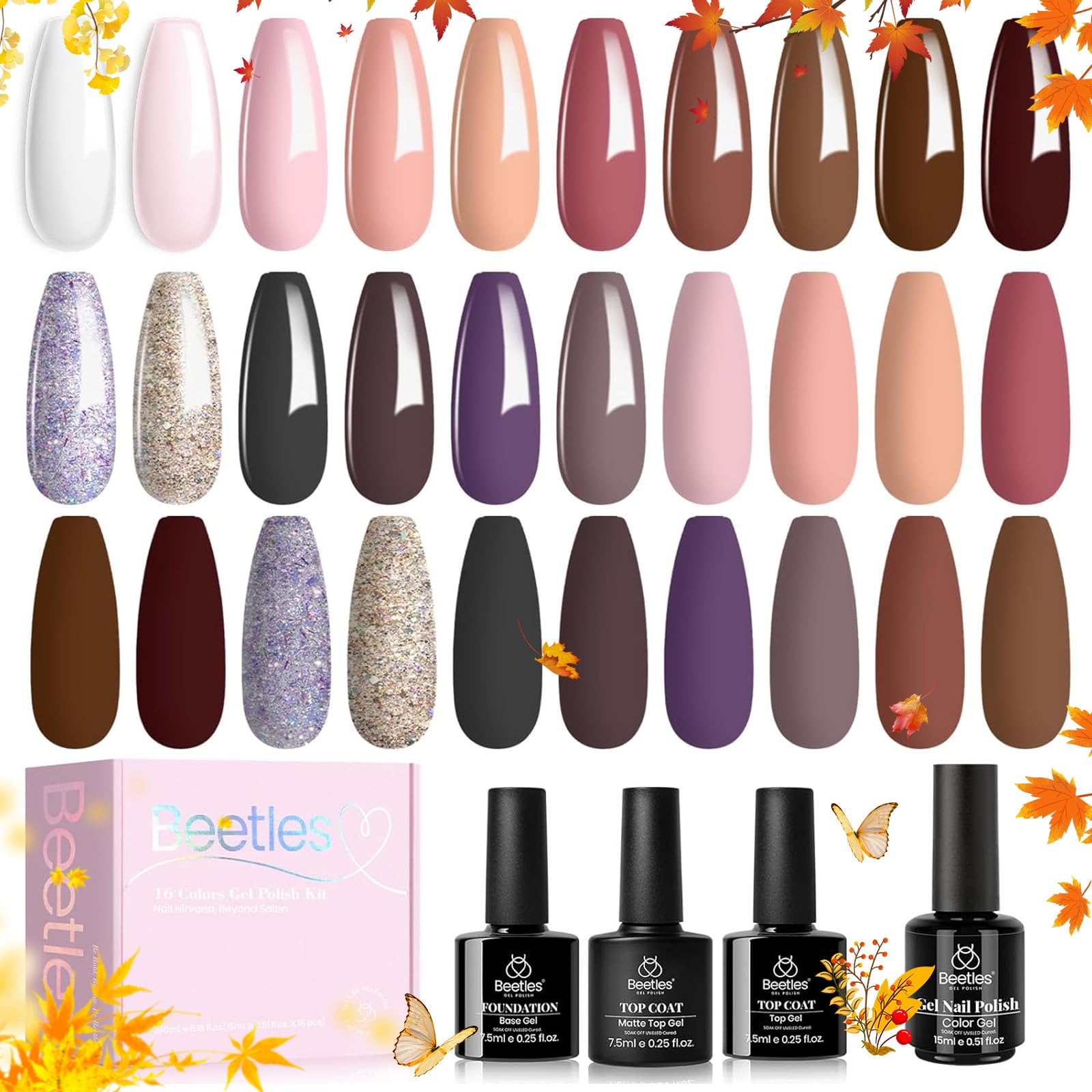 beetles Gel Polish 16 Colors Fall Gel Nail Polish Set White Dark Brown Pink Nude Colors Natural Charm Nail Polish with 3Pcs Base Top Coat Gel Manicure Kit Salon DIY Home Gift for Women Girls