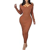 Cinyifaan Women's Casual Off Shoulder Long Sleeves Slim Knit Bodycon Sweater Dress Midi Pencil Dress.