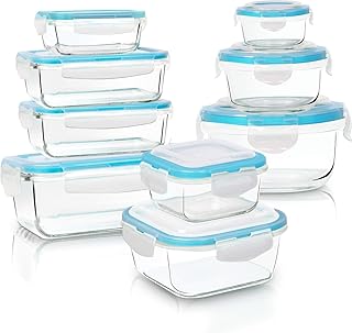 KICHLY Glas Vorratsbehälterset für Lebensmittel - 18 Teile (9 Behälter, 9 Transparente Deckel) - Spülmaschinen, Mikrowellen & Gefrierschrankfreundlich - Auslaufsicher, BPA-frei, FDA & FSC zugelassen