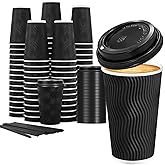Lamosi 16 oz Disposable Coffee Cups with Lids, 50 Pack Insulated Hot Cups To Go Paper Coffee Cups with Lids and Straws, Corrugated Ripple Wall Cup for Hot Drink, Office, Coffee Bar (Black)