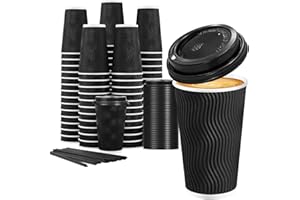 Lamosi 16 oz Disposable Coffee Cups with Lids, 50 Pack Insulated Hot Cups To Go Paper Coffee Cups with Lids and Straws, Corrugated Ripple Wall Cup for Hot Drink, Office, Coffee Bar (Black)