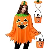 Spooktacular Creations Halloween Pumpkin Poncho Costume, 3Pcs Glow-in-the-dark Poncho Costume with Basket and Headband for Women, for Halloween Parties, Glow-themed Events and Role Play