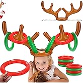 2PCS Christmas Party Toss Game Inflatable Reindeer Antler Hat with Rings for Kids Adults Family Xmas Fun Games(1 Pump,8 Rings
