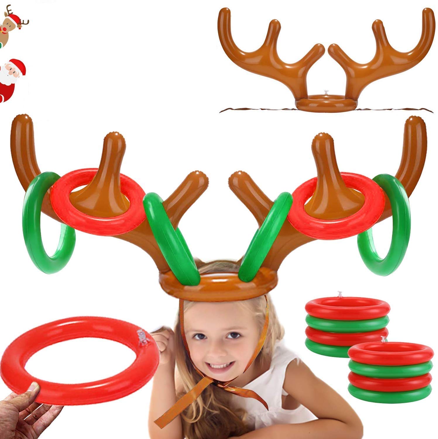Photo 1 of 2PCS Christmas Party Toss Game Inflatable Reindeer Antler Hat with Rings for Kids Adults Family Xmas Fun Games(1 Pump?8 Rings, 2 Antlers)
