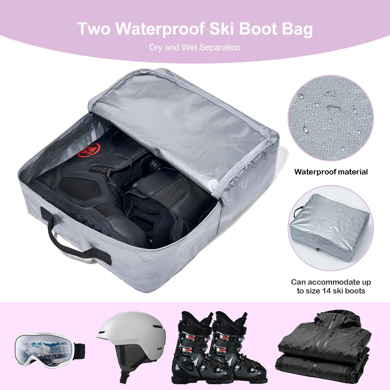 Odoland Rolling Ski Bag, Padded Snowboard Bags and Ski Boot Bag with Wheels for Air Travel, 900D Water Resistant Oxford Fabric, Fits Skis Up to 170cm, Purple