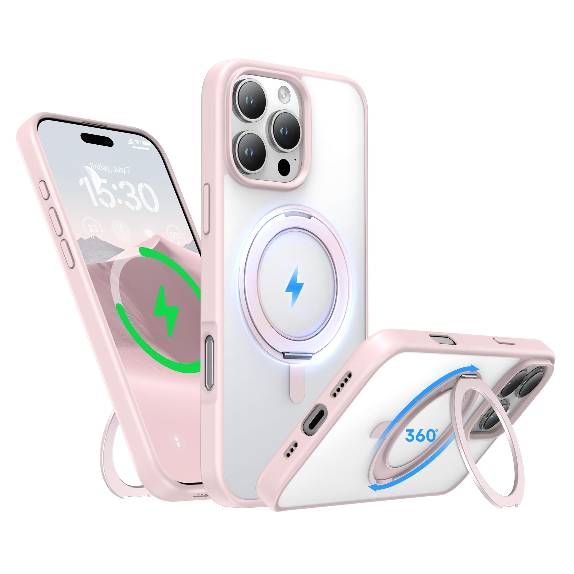Niunisi Stand for iPhone 16 Pro Case, [Compatible with Mag Safe] 360° Rotatable Ring Holder Kickstand Military Shockproof Protective Case for iPhone 16 Pro 6.3 Inch, Pink