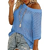 Swimsuit Coverup for Women Beach Vacation Clothes Spring Summer Scoop Neck Short Sleeve Sweaters Casual Crochet Knit Tops