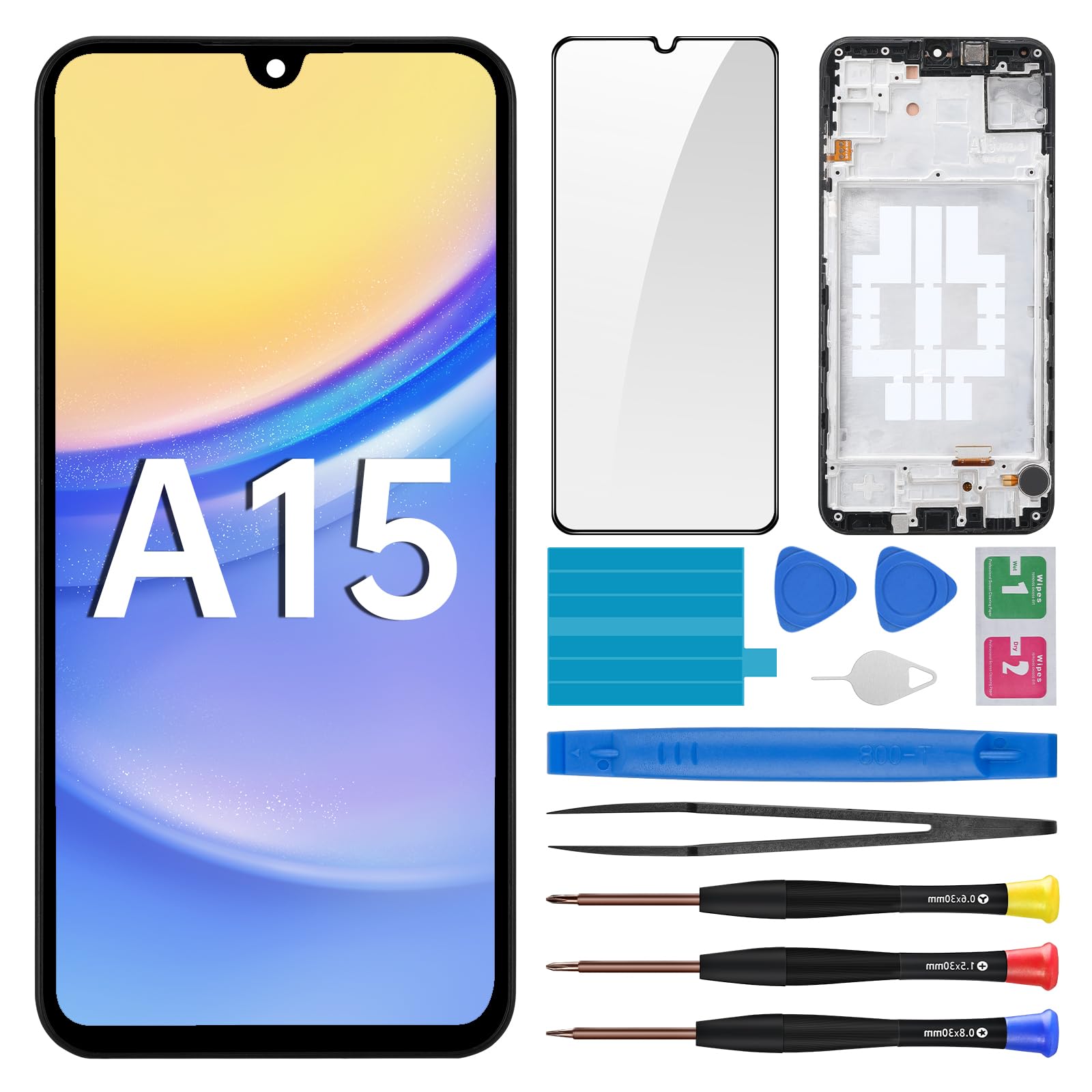 Photo 1 of BESJMYT for Samsung Galaxy A15 Screen Replacement with Frame LCD Display Touch Digitizer Full Assembly and Side Button Ear Speaker Vibration Motor Glass Repair Tools Kit SM-A155F (A155F A156U)
