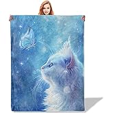 Plistiz White Cat Butterfly Throw Blanket 50x60, Soft Flannel Cozy Gifts for Cat Lovers and Women