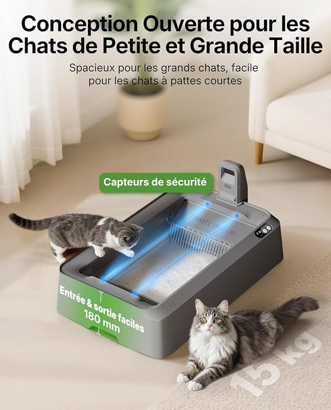 PUROBOT Crystal Duo Litiere Chat Autonettoyante avec Caméra IA | Espace Ouvert, Contrôle Via App, Surveillance de Santé,Double Désodorisation, Nettoyage Bidirectionnel, Anti-pincement (Gris)