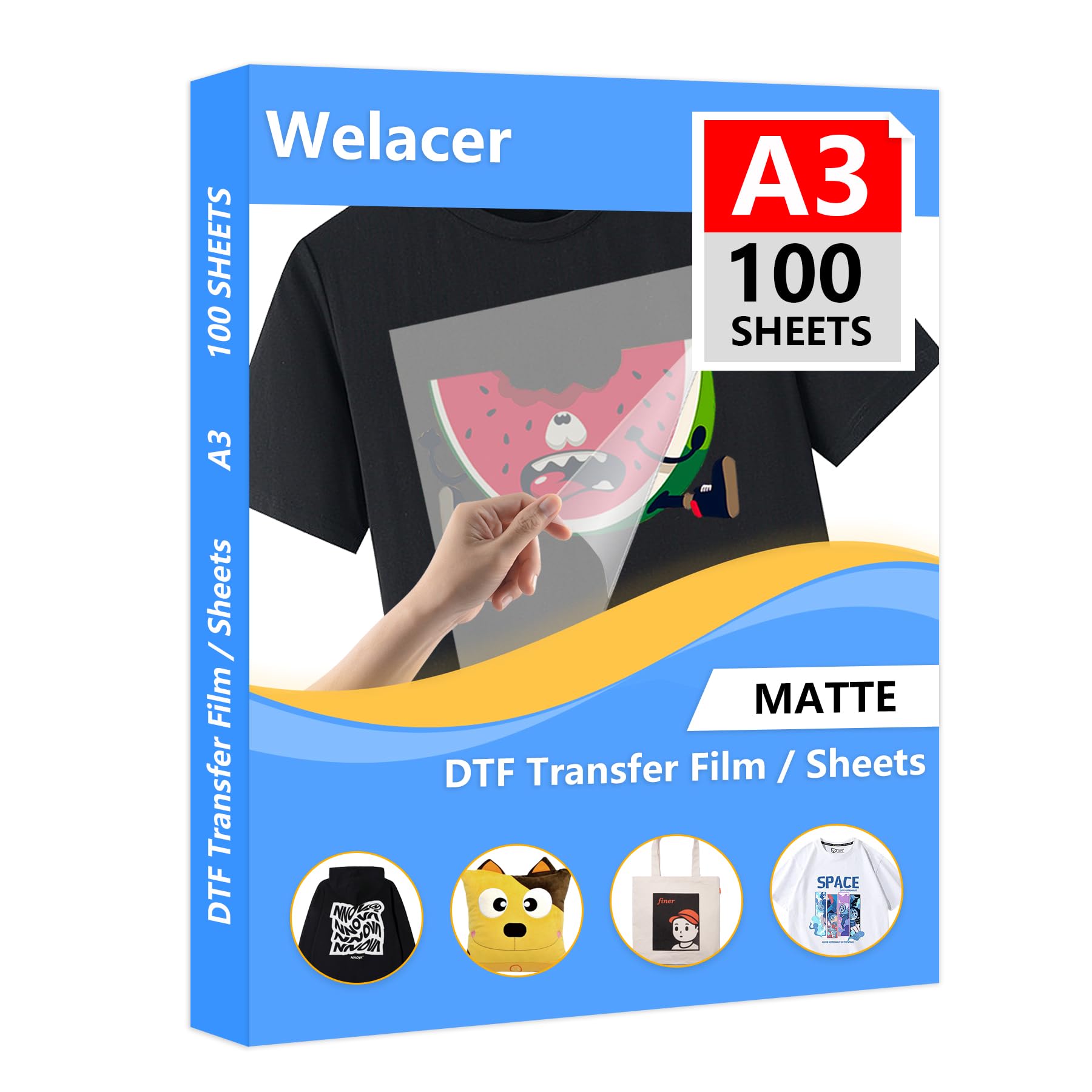 Welacer A3(29.7cm x 42cm) 99 Sheets DTF Transfer Film Direct Print for Sublimation Matt Double Side, Clear DTF PET Transfer Film Paper Sheets for Inkjet Printer