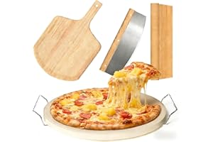 Migerlo 5 Pcs Round 13" Pizza Stone Set for Oven and Grill with Oak Spatula, Serving Rack, Pizza Cutter and 10 Sheets of Baki