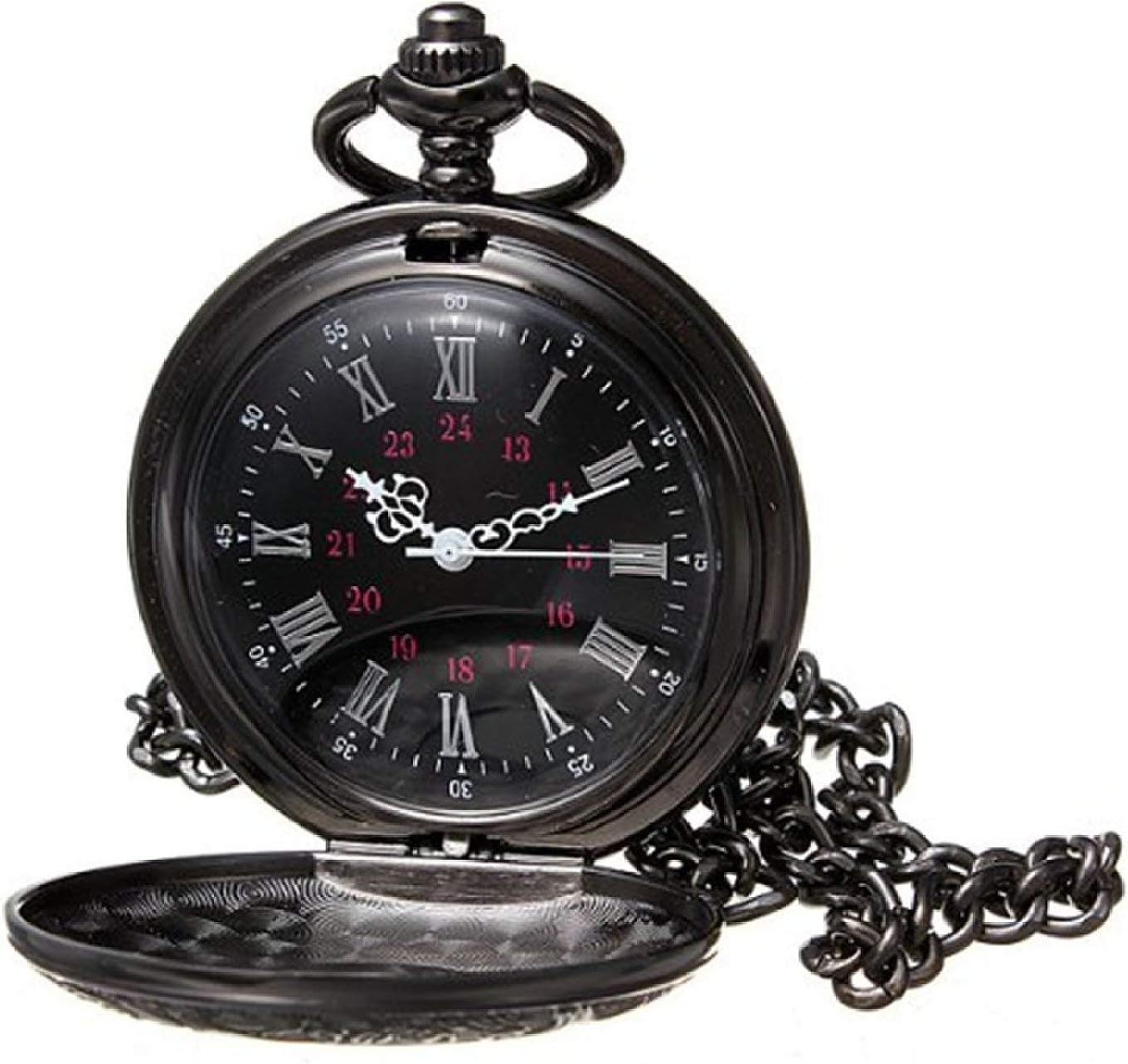 WIOR Black Classical Pocket Watch Retro Steampunk Pattern Quartz Numerals Pocket Watch with 14.5 in Chain for Graduation Xmas Birthday Fathers Day