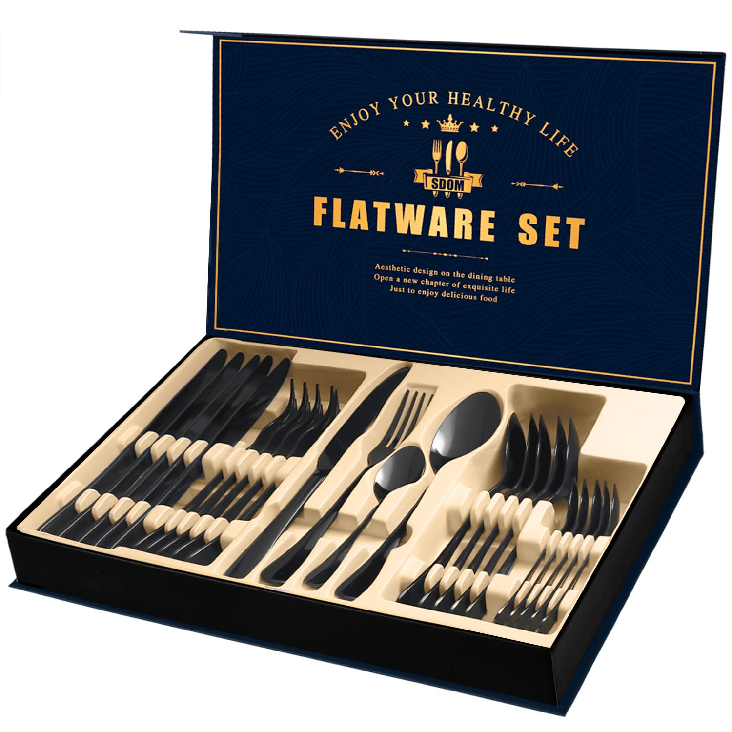 Photo 1 of (used/fair) (partial set) SDOM Silverware Set, Mirror Finish 24-Piece Stainless Steel Rounded Flatware Set for 6, Food-Grade Tableware Cutlery Set, Utensil Sets for Home Restaurant, Dishwasher Safe?Black?