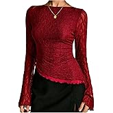 Verdusa Women's Y2k Lace Bell Long Sleeve Top Sheer Boat Neck Asymmetrical Fitted Going Out Tops