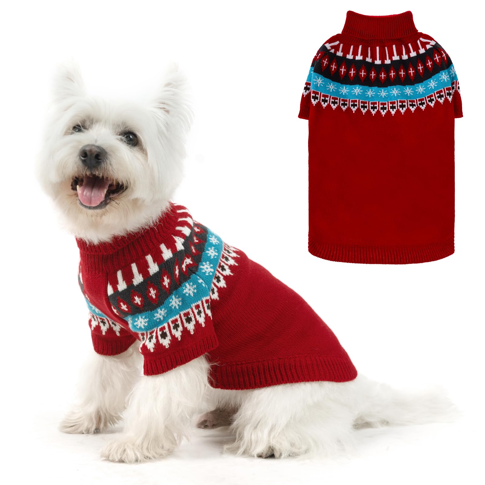 EXPAWLORER Turtleneck Dog Jumper - Knitted Dog Clothes in Classic Fair Isle Patterns, Warm Comfortable Puppy Jumper Pet Sweater with Sleeves, Winter Pet Outfit Pullover for Dogs Cats, Red Large