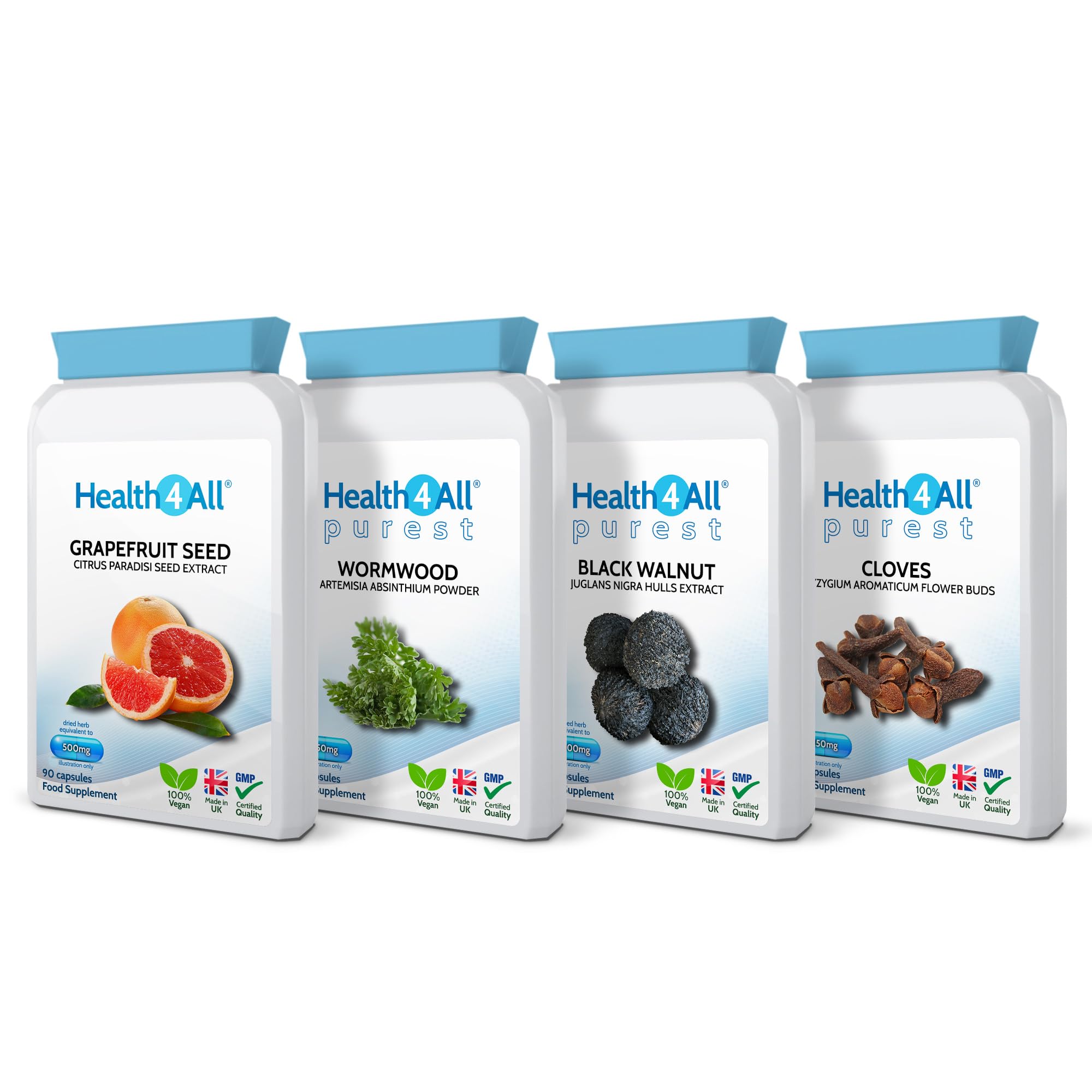 Health4All Strong Intestinal Health Set, Grapefruit Seed Extract, Wormwood, Black Walnut, Cloves, 4x90 360 Capsules, Candida Overgrowth Cleanse & Detox Antifungal Vegan Supplement | Made in UK