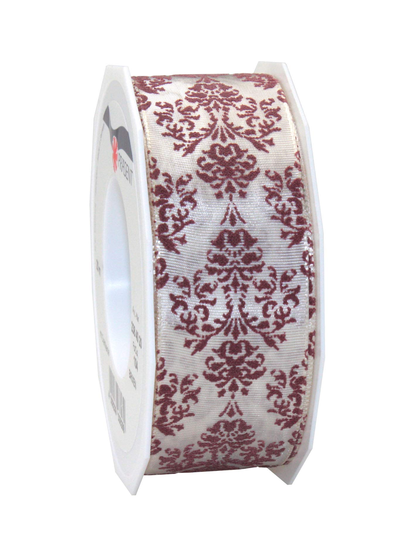 Präsent - Brixen Wired & Printed Ribbon Cream-Old Rose 40 mm Width, 20 m Length — image 1