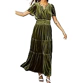 R.Vivimos Women's Fall Winter Vintage Velvet Dress Short Sleeve V Neck Elastic Waist Tiered Ruffle A-Line Flowy Maxi Dress