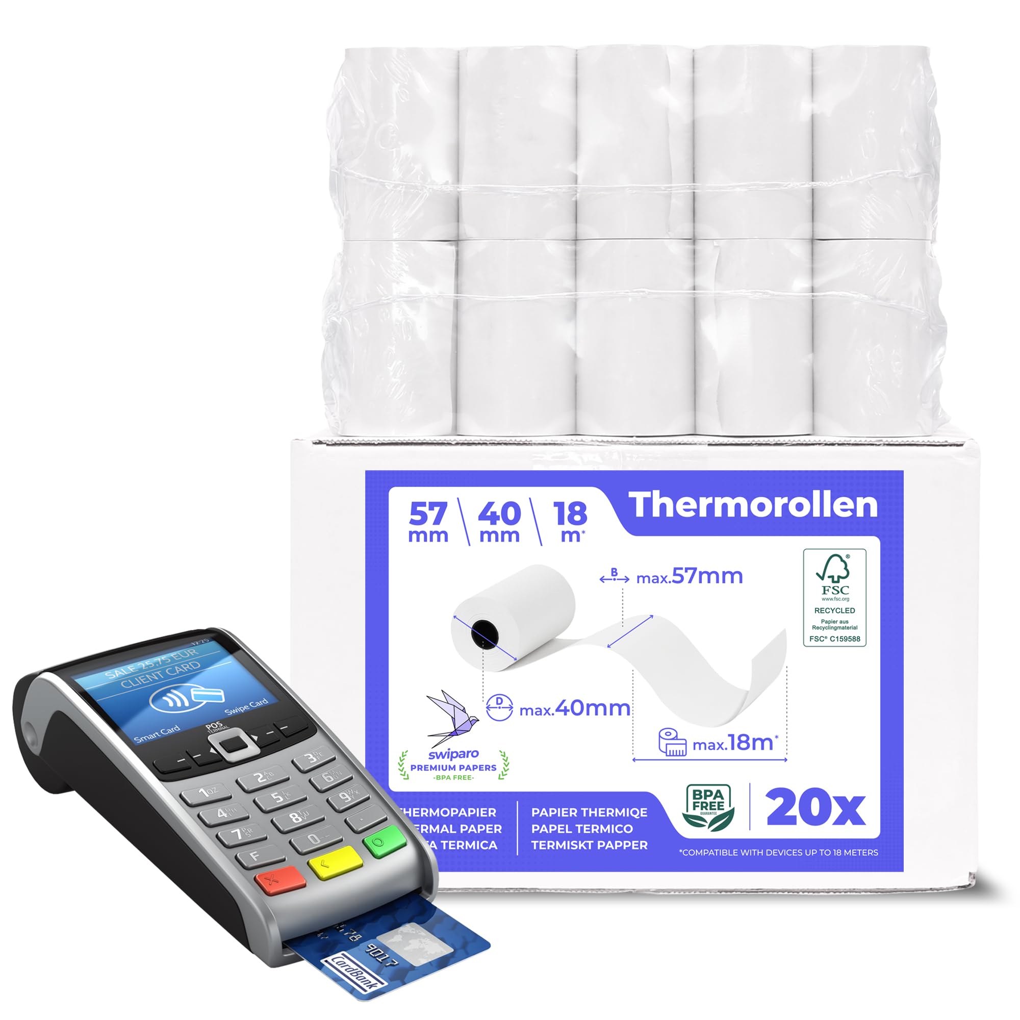 SWIPARO - Ec-Cash Thermal Rolls 57 mm x 18 m x 12 mm - Receipt Rolls - Thermal Paper - Credit Card Reader 57 x 40 x 12 (Pack of 20)
