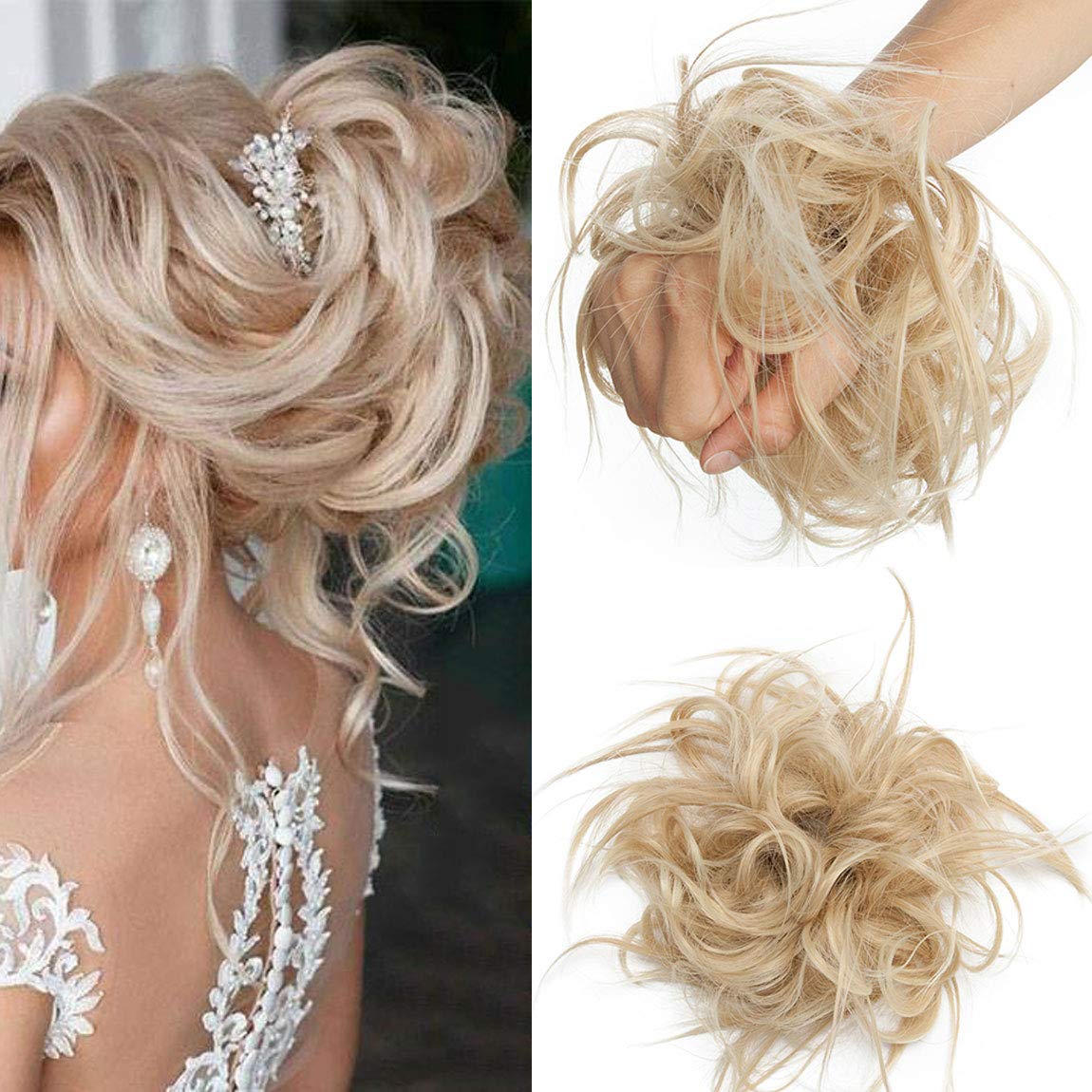 Tousled Updo Hair Pieces Messy Bun Hair Scrunchies Extensions Hair Piece Ponytail With Elastic Rubber Hair Extensions for Women Dark Blonde to Bleach Blonde