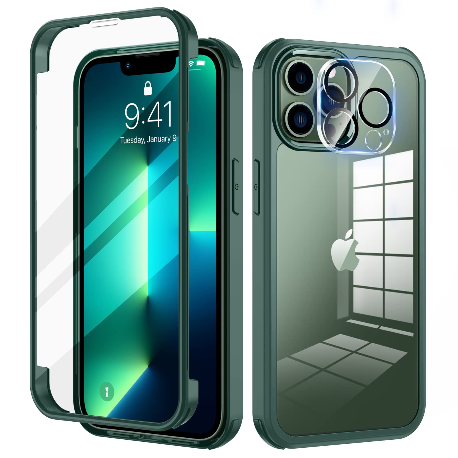 seacosmo for iPhone 13 Pro Case 6.1 Inch, Full-Body Shockproof Case with Built-in Glass Screen Protector and Camera Lens Protector Rubber Bumper Case Cover for iPhone 13 Pro - Green/Clear