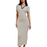 SOLY HUX Women's Striped Dress Collar V Neck Short Sleeve Bodycon Knit Summer Long Dresses