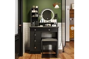 AGOTENI Makeup Vanity Set Dresser Desk with 5 Drawer and Shelf Round Mirror with Touch Screen and Light Vanity Set with Cushioned Stool for Bedroom, Black