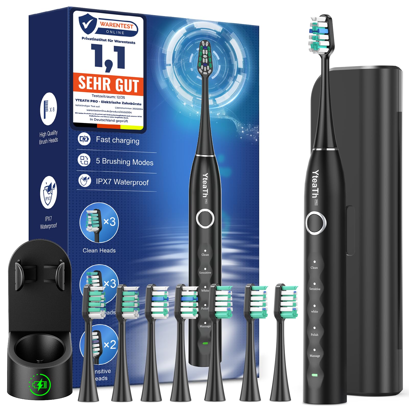 YTEATH PRO Elektrische Zahnbürste, Schallzahnbürste für Erwachsene und Kinder Electric Toothbrush mit 8 Bürstenköpfen und Timer, 5 Putzmodi, Reiseetui, 120 Tagen Akkulaufzeit, 50,000vpm, Black