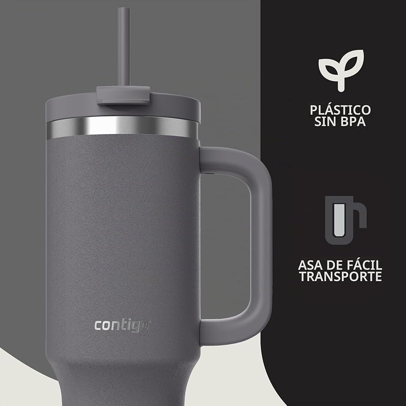 Botella termo 1200 ml con asa y pajita, Botella térmica aislada de acero inoxidable con tapa, Thermos, Se enfría durante 29 horas, Taza termo, Sin BPA, Darkstone
